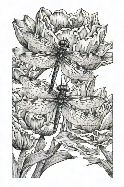 Skinny Dragonfly Hovering Over Tulip Flower