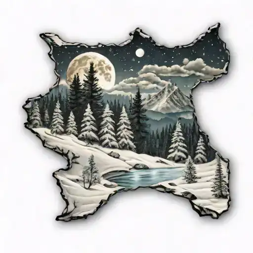 Penguin Mountains Snowy Trees Moon