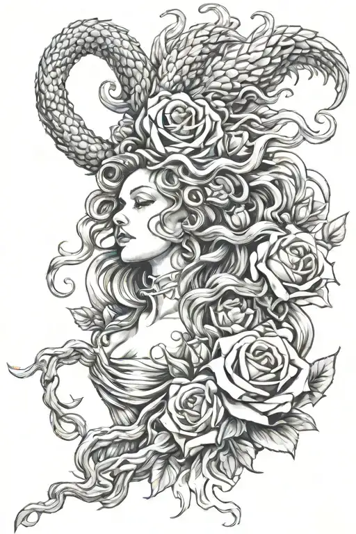 Medusa And Burning Roses And Phoenix Rising From Flames