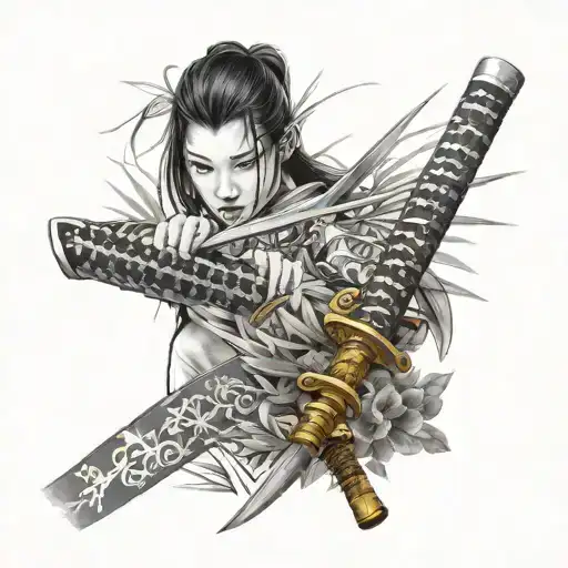 Katana And Reeds With Japanese Black Grey Background
