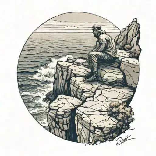 A Man Sitting On The Edge Of A Cliff Overlooking The Ocean