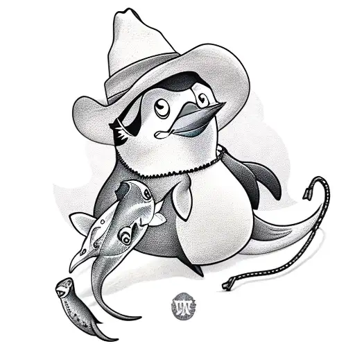 Cartoon Penguin Holding A Lasso Wearing A Cowboy Hat Riding A Dolphin