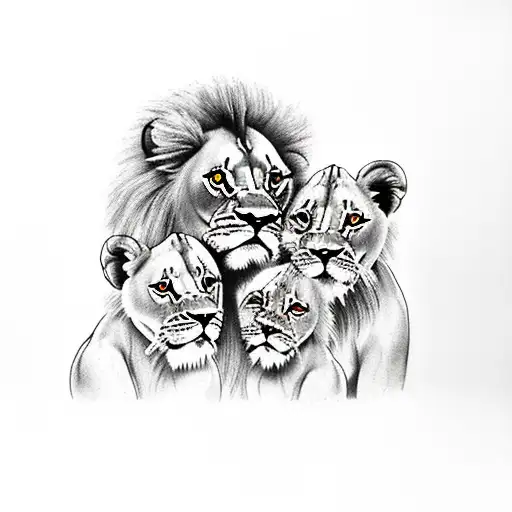 Male And Female Lion With Two Cubs