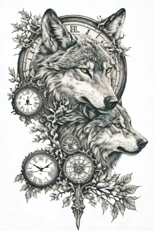 Wolf With Trees And A Clock Face