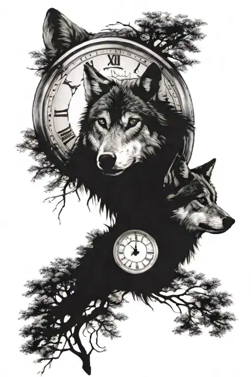 Wolf With Trees And A Clock Face