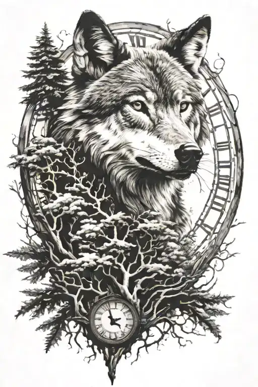 Wolf Head With Trees In The Front And A Clock Face On The Top