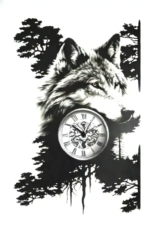 Wolf Head With Trees In The Front And A Clock Face On The Top