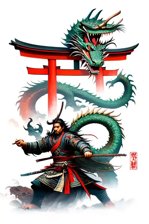 Samurai Warrior Battling A Dragon Im Front Of A Torii Gate
