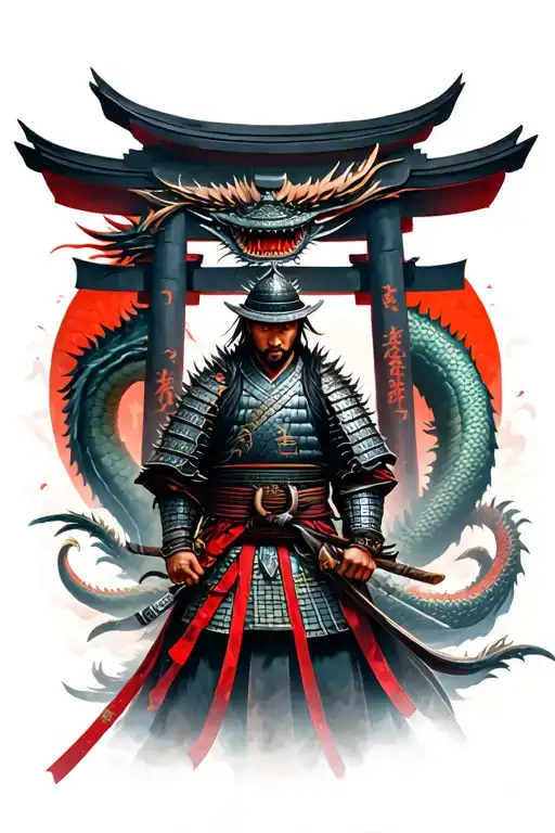 Samurai Warrior Surrounded By A Dragon At A Torii Gate
