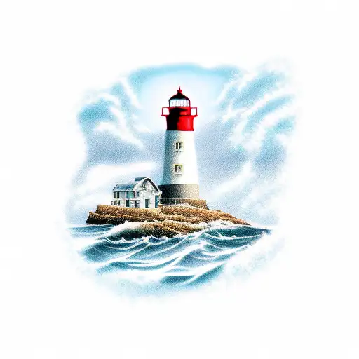 Lighthouse On The Coast With Waves Cradhing Around The Lighthouse Creating A Cancer Ribbon