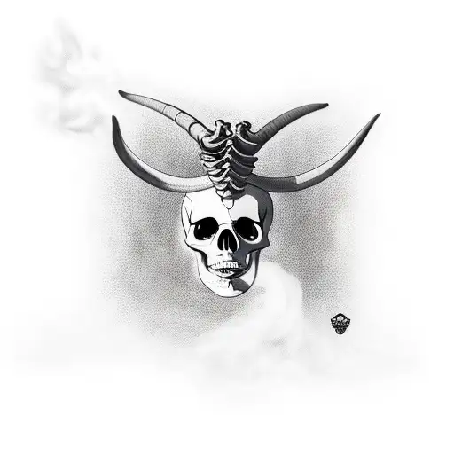 Skeleton With Horns Sits On Wooden Box And Smokes Vape