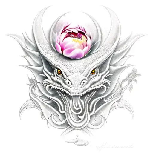 Dragon Realistic With Peonies And Lilies
