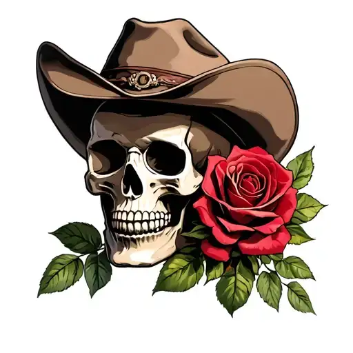 Skull With A Cowboy Hat And A Dying Rose