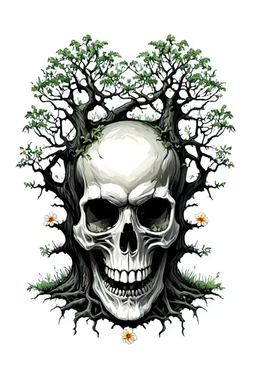 A Skull With A Tree Growing Around It And One Small Flower On The Tree In Color