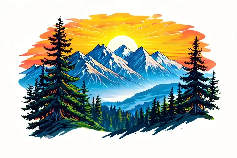 Mountain Landscape Tattoo Featuring Sun And Trees Colors Sunset