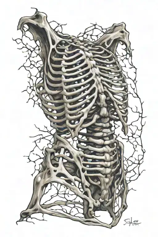 Rib Cage Covered In Torns Back Tattoo Design