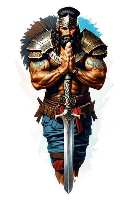 Spartin Warrior Praying On Weapon Ready To Battle