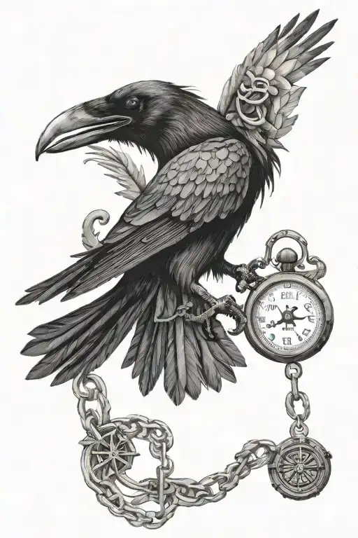 Raven Flying With Compass In Beak Holding Key Unlocking A Hidden