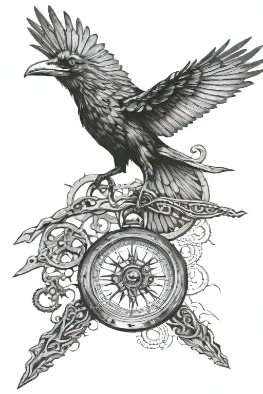 Raven Flying With Compass In Beak Holding Key Design