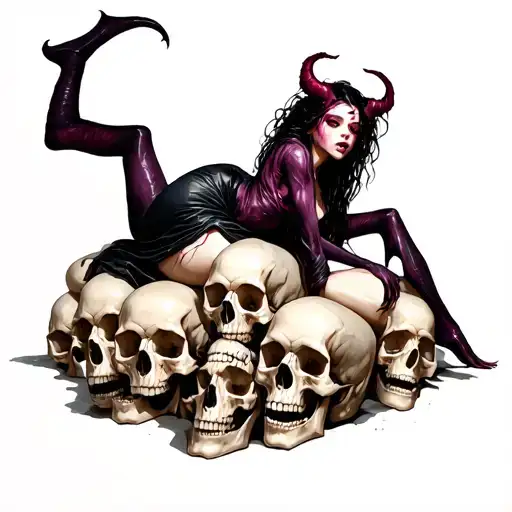 Demon Girl Laying On A Pile Of Skulls
