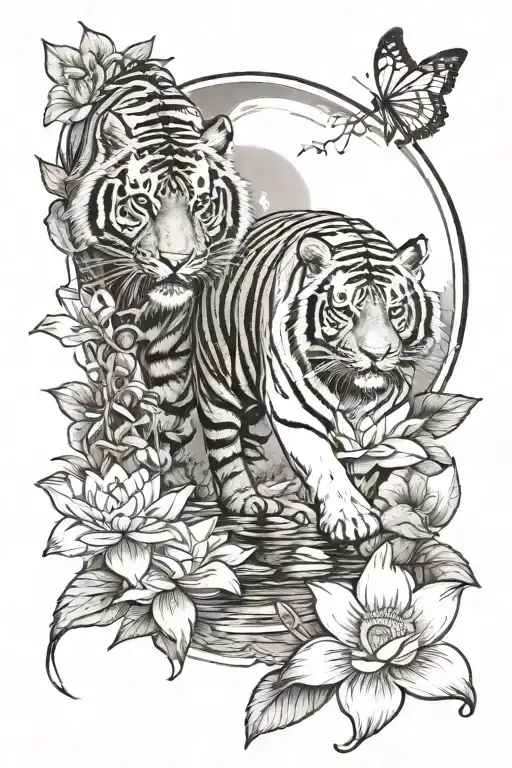 Tiger Walking From Up To Down With Lotus Flower And The Sun