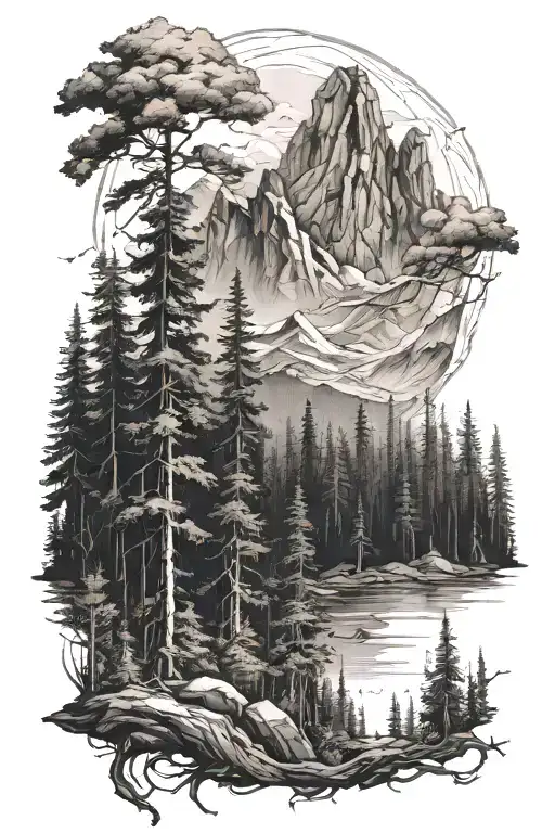 Tall Forest With Mountain Scene