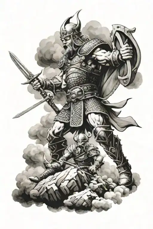A Warrior In Battle With A Viking Giant 10 Feet Tall Fighting Amoung The Clouds