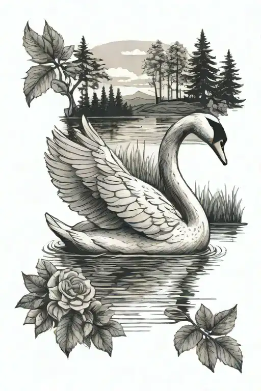 Swan With Forest And Lake Background Lake