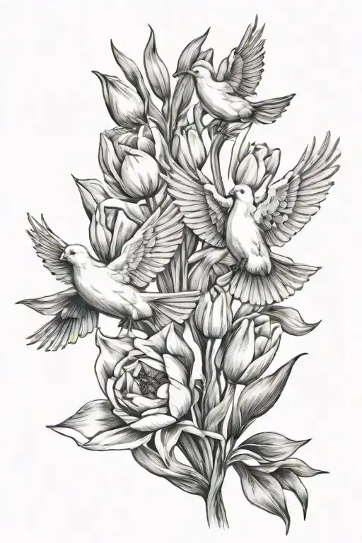 Tulips And Dove Flying