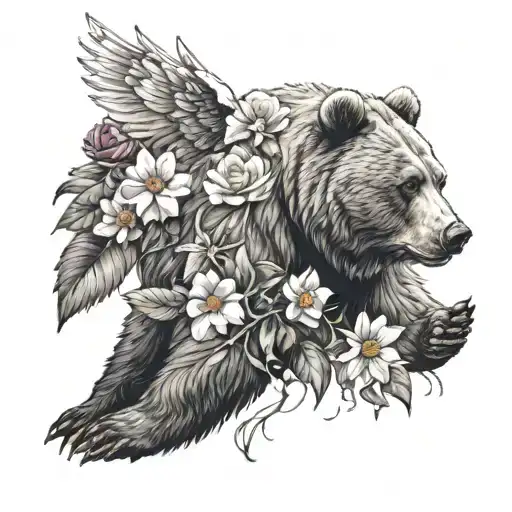 Bear With Angel Wings With Flowers