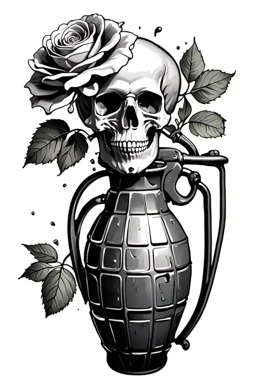 Skull Inside Of A Rose Coming Out Of A Grenade Shaped Like A Flower Vase And A Real Heart