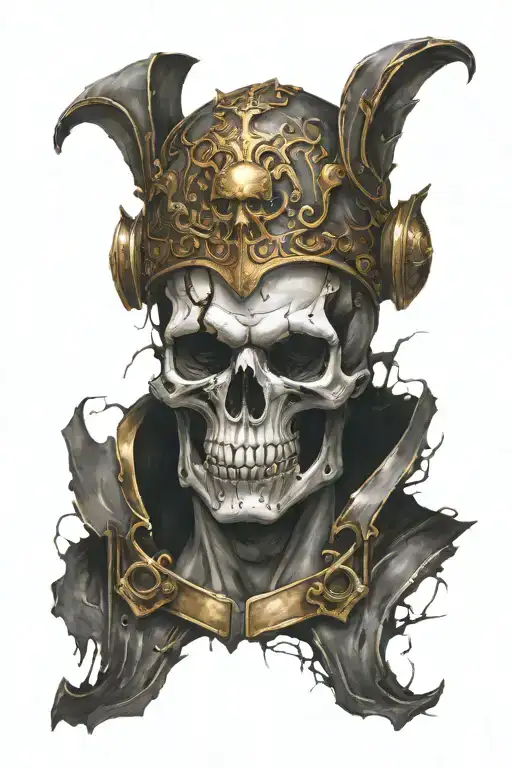 Broken Skull With Golden Armor And Smoke In The Mouth