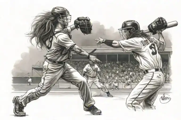 Baseball Player Pitching A Ball To A Baseball Catcher With A Female With Long Hair Swinging