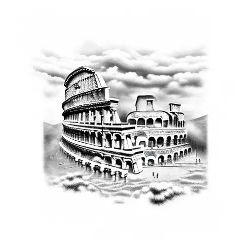 Broken Greek Colosseum With Storm In Background And Warriors