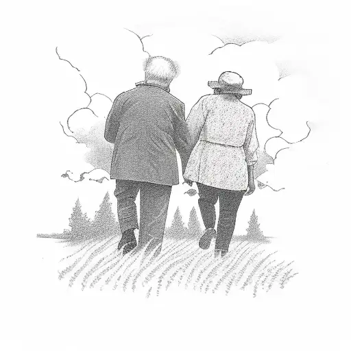 Old Man And Old Woman Walking Away In A Field To Heaven
