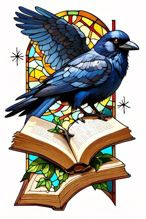 Cathedral Windows Stained Glass Crow Reading Book