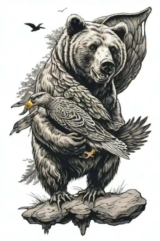 A Bear With A Mallard Duck Flying Above