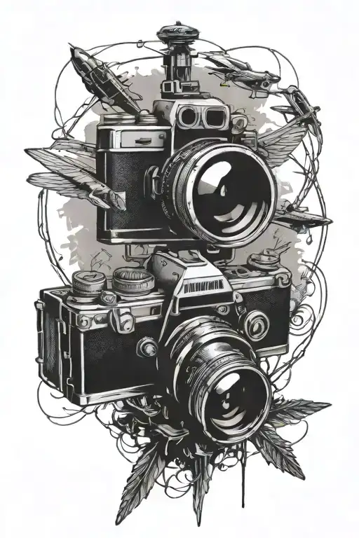 Silhouettes Of A P-61 Black Widow And An F4 Phantom With A Vintage Camera Lens In The Center