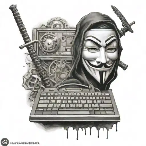 Anonymous Mask And Katana And Matrix And Keyboard And Console Terminal And Justice And 2 Bit Numbers