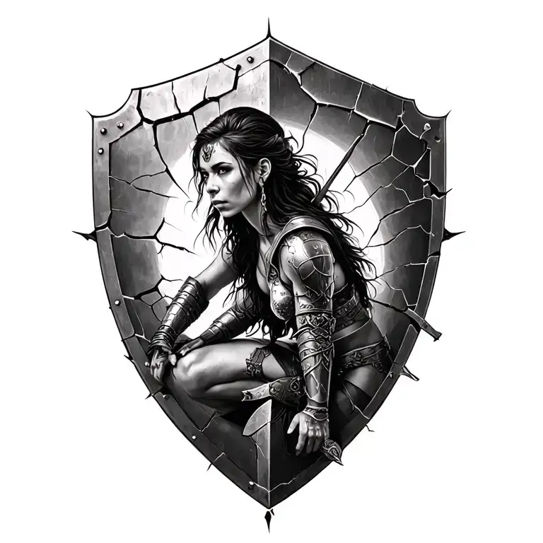 Black And White Spartin Woman Warrior Sitting On A Cracked Battle Shield
