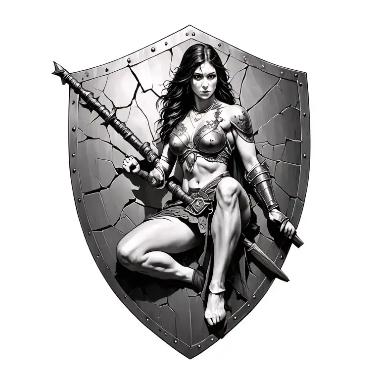 Black And White Spartin Woman Warrior Sitting On A Cracked Battle Shield