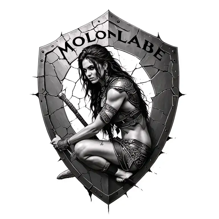 Black And White Spartin Woman Warrior Sitting On A Cracked Battle Shield Inscribed With Molon Labe