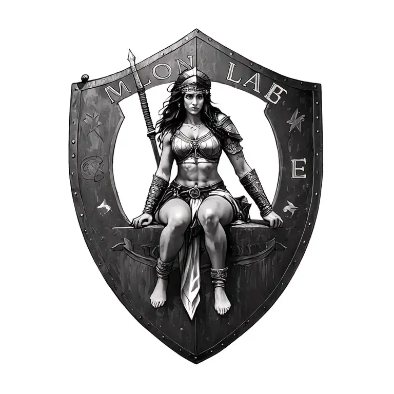 Black And White Spartin Woman Warrior Sitting On A Old Battle Shield Inscribed With Molon Labe