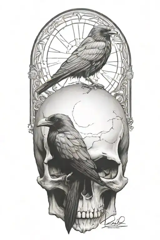 Raven On Skull With Gothic Background