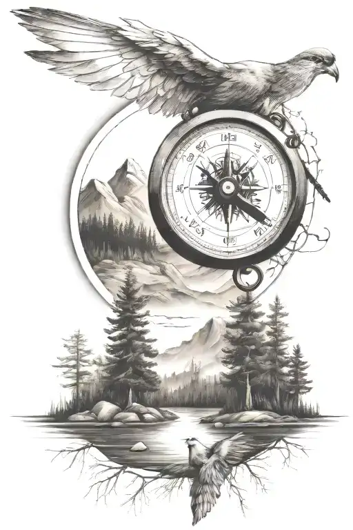 Pine Tree Forest With Stream And Mountains With Compass And Dove