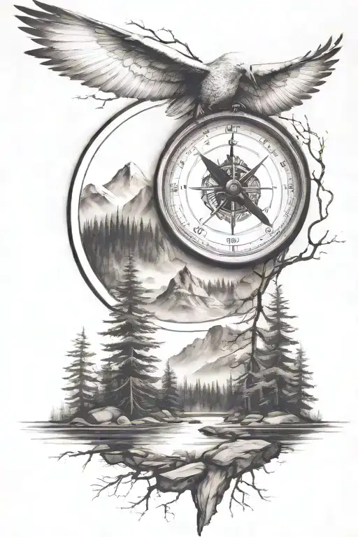 Pine Tree Forest With Stream And Mountains With Compass And Dove With A Father And Son