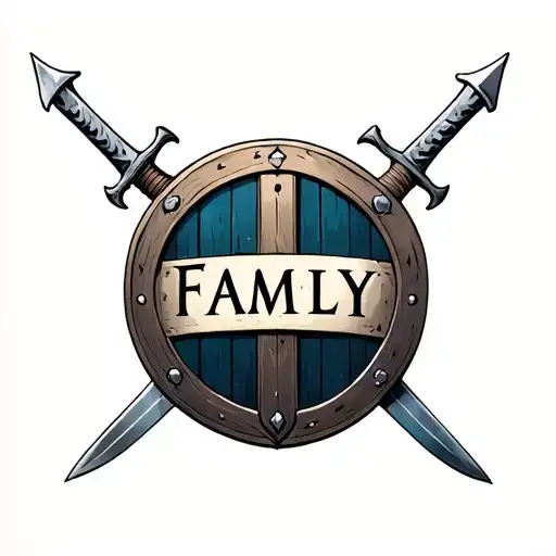 Viking Shield With Three Swords And The Word Family To The Center