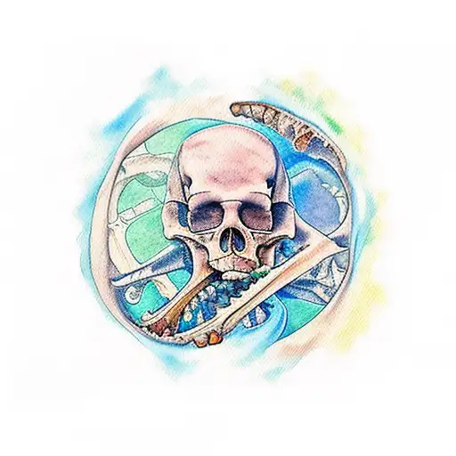 A Watercolor Aquarium Inside The Human Body With Only The Bones Showing