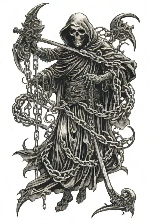 Full Body Grim Reaper Wrapped In Chains Duel Wielding Scythes