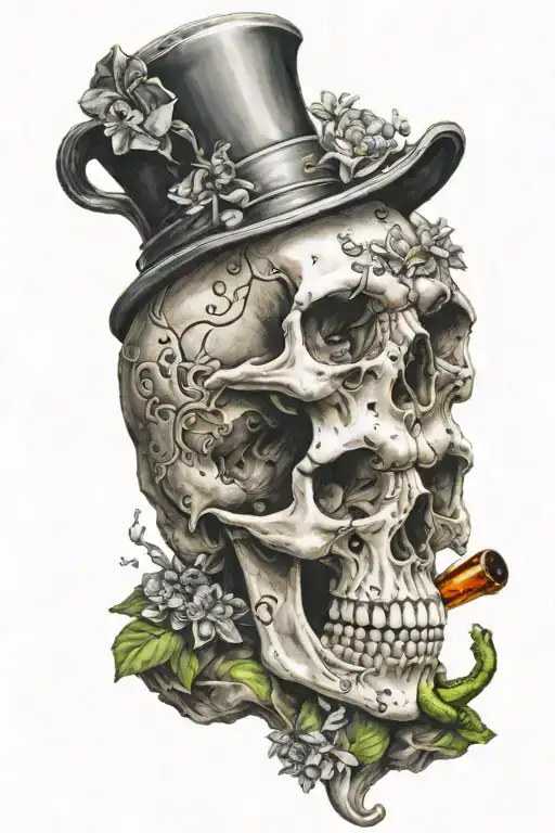 Skull With Crystals Growing On It With A Frog Smoking On The Top Of The Head